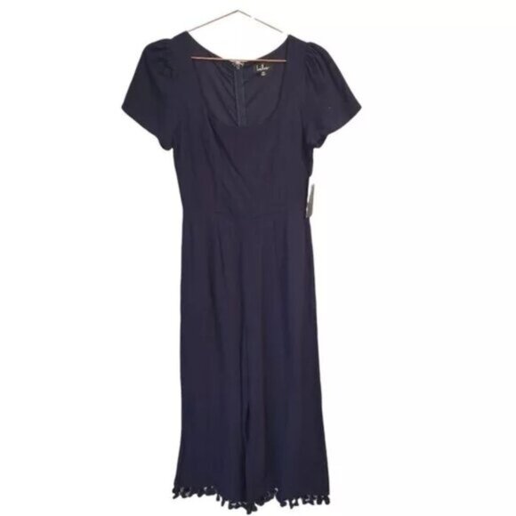 Lulu's | Linen Wide Leg Round Neck Cropped Jump Suit Navy Blue NWT - Picture 1 of 10